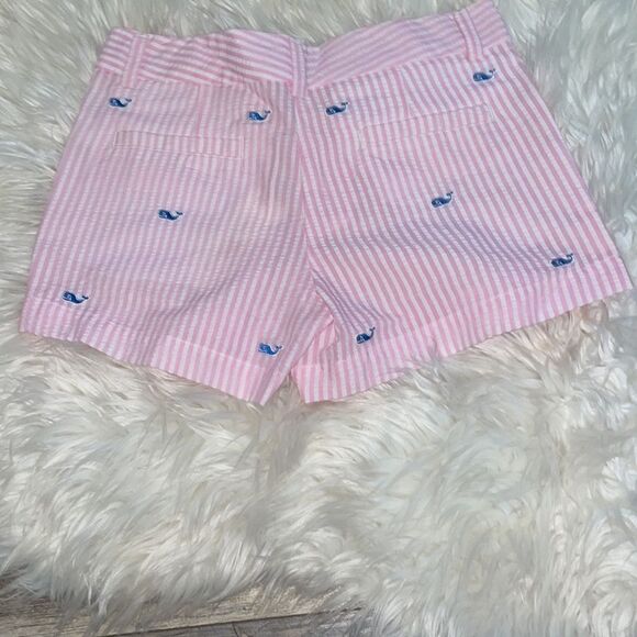 Vineyard Vines Girls Pink & White Seersucker Blue Whale Embroidered Shorts - Picture 2 of 6